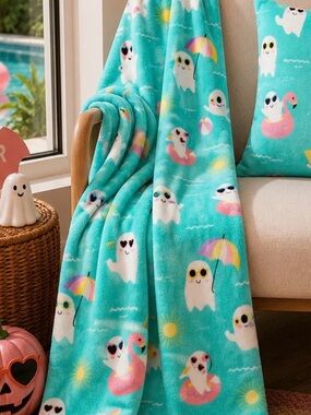 Summerween Turquoise Ghosts Ocean Vibes Sunshine Plush Throw 50x60